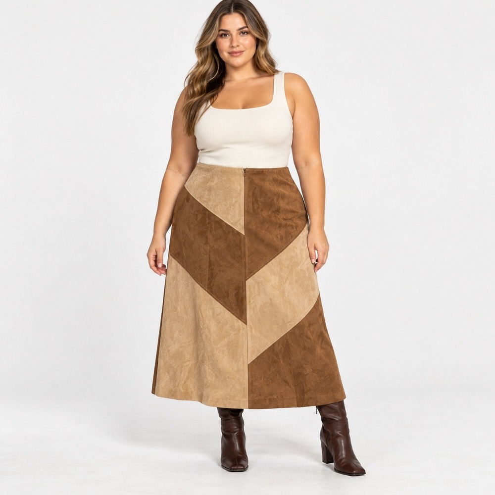 Norton Studio Size 18 Brown Tan Patchwork Faux Suede Midi Skirt Y2K Boho Western